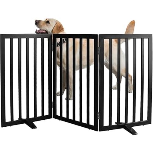 ZJSF Freestanding Indoor Dog Gate for House Foldable Wood Puppy Gate for Doorways Pet Gate for Stairs Extra Wide Pet Fence, Black, 32" Height 3 Panels