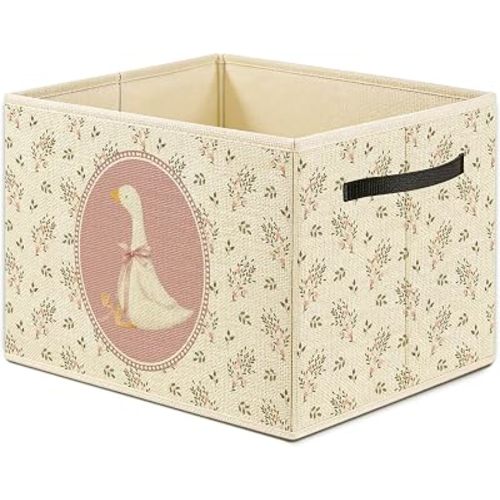 Coquette Pink Bow Goose Floral Storage Bin Box, Goose Nursery Decor, Cottagecore Flower Animal Foldable Laundry Basket Toys Books Clothes Organizer for Girls Kids Room Playroom Decor
