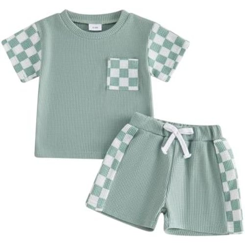 allshope Toddler Baby Boy Summer Outfit Checkerboard Patchwork T Shirt Elastic Waist Shorts Newborn Infant Waffle Clothes Set