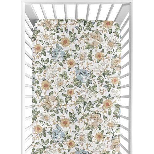 Sweet Jojo Designs Vintage Floral Blue Yellow Girl Fitted Crib Sheet Baby or Toddler Bed Nursery - Slate Green Gold Orange Taupe Beige Shabby Chic Rose Flower Boho Bohemian Farmhouse Roses Wildflower