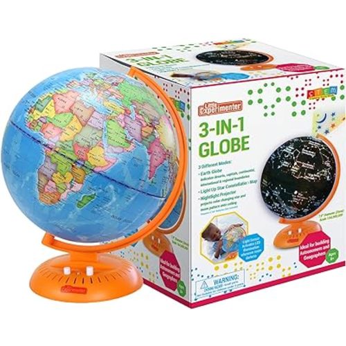 3-in-1 Light Up Globe for Kids - 8” Illuminated Star Map World Globes With Built-in Night Lamp Projector, And Stand - Learning & Educational Stem Toys, Gifts for Kids Ages 8 9 10 11 12 13+ Years Old