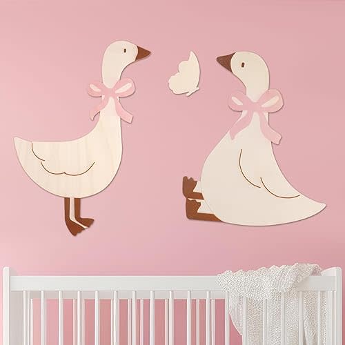 3 Pcs Goose Nursery Decor Wooden Vintage Silly Goose Wall Art with Real Pink Bow Funny Animal Duck Wall Farmhouse Geese Poster for Party Baby Shower Birthday Nursery Room Decor