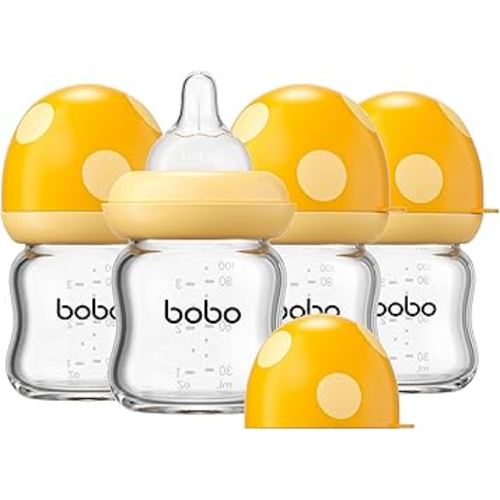 YOHKOH Natural Glass Baby Bottle with Natural Response Nipple, Newborn Anti-Colic Baby Bottles, Wide Neck Mushroom Cap Baby Bottle, Clear (Yellow-A, 3.4oz (Pack of 4))