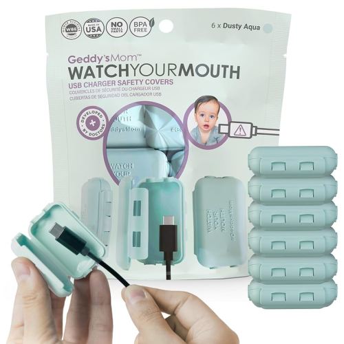 Geddy's Mom - Watch Your Mouth - The Award Winning USB Charger Child Safety Cover - Made in The USA - Baby Proofing Toddler Shock Prevention - 6 Pack (Dusty Aqua)