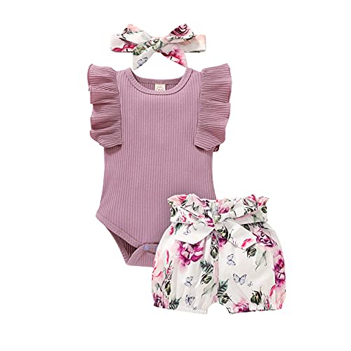 Tiny Cutey Baby Girl Clothes Infant Summer Outfits Set Ruffle Sleeve Romper and Floral Shorts with Headband