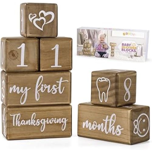 Baby Monthly Milestone Blocks for Boy or Girl, 7 Blocks, Milestones Age Block Set for Baby Shower, Pregnancy Countdown, Baby Age Photo Blocks