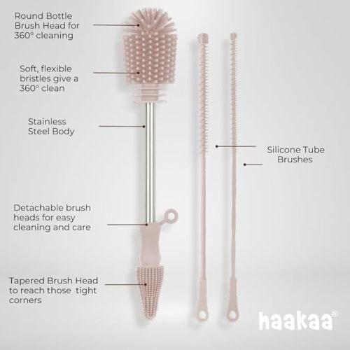 Haakaa Silicone Cleaning Brush Kit – Household Cleaning Brushes for Bottles and Crevices – Food-Grade Silicone: Dishwasher Safe (Brush-Blush) - Brush-blush