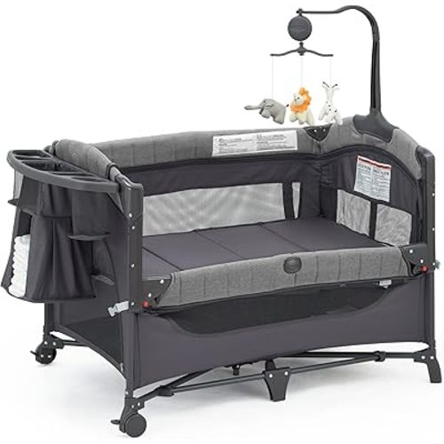 Baby Bassinet Bedside Bassinet Sleeper, 5-in-1 Pack and Play with Full-Size Bassinet,Baby Playard with Changing Table,Storage Shelf,Music Mobile with Soft Toys for Newborn to Toddlers (Grey)