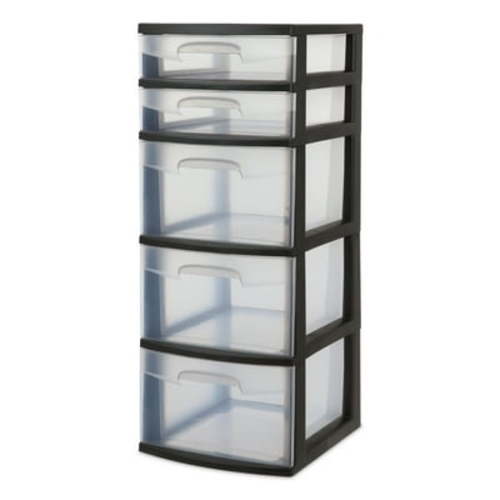 Sterilite 5-Drawer Plastic Storage Tower, Dresser, Black with Clear Drawers