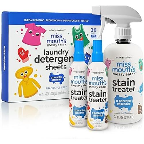 Miss Mouth's Messy Eater Stain Treater Spray - 16oz Stain Remover - 4oz 2 Pack - Laundry Detergent Sheets