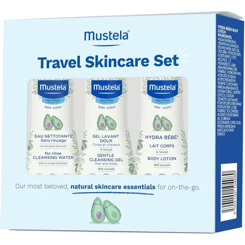 Mustela Travel Skinscare Set - Baby Skin Care & Bath Time Set - TSA-Approved - Natural & Plant-Based - Natural Avocado - 3 Items Set - Refillable & Reusable 1.69 Fl. Oz. Bottles