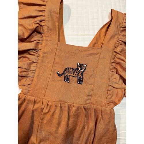 Hand Embroidered Tiger Baby Girl Bubble Outfit Burnt Orange Hand Embroidered Spring Summer Fall Football Game Outfit