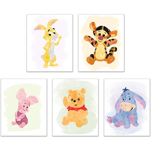 Winnie the Pooh Watercolour Art Nursery Prints (Set of 5 photos - 8 inches x 10 inches) Piglet Tigger Eeyore Rabbit Childrens Wall Decor