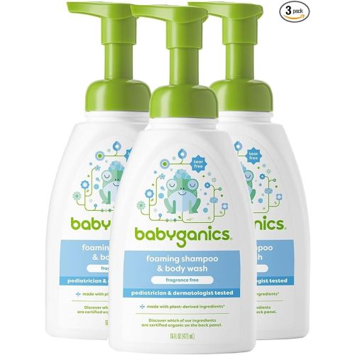 Babyganics Baby Shampoo + Body Wash Pump Bottle, Fragrance Free, 16oz, 3 Pack