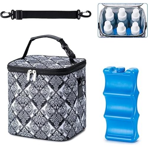 Breastmilk Cooler Bag with Ice Pack Fits 6 Baby Bottles Up to 9 Ounce, Baby Bottle Bag with Shoulder Strap for Nursing Mom Daycare, Black