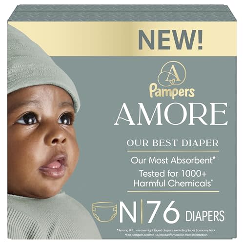 Pampers Amore, Size 0 (up to 10 lbs), 76 Count, Our Best Diaper – Hypoallergenic & Fragrance Free, Up to 100% Leakproof, Soft as Cashmere
