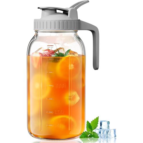 64 oz Pitcher Mason Jar - Heavy Duty Wide Mouth Jar with Flip Cap Lid and Pour Spout - Airtight Seal for Freshness and Convenience - Great for Cold Beverages, Breast Milk, and Home Entertaining