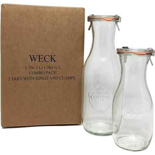 Weck Juice Jar Combo Pack - (1) 766 1-Liter jar (1) 764 1/2-Liter jar with Glass Lids, Rubber Rings and Steel Clamps