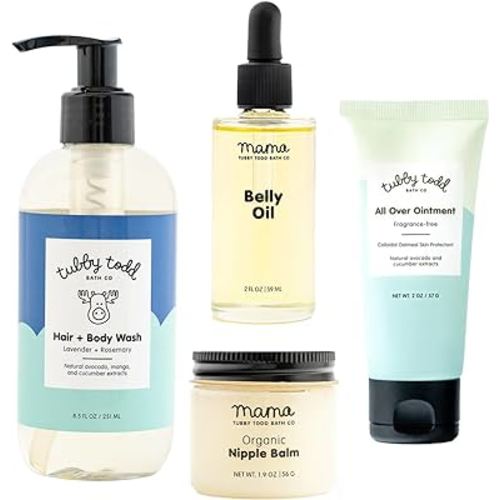 Tubby Todd New Baby & Mom Sensitive Skincare Kit - The Mama + Baby Gift Set - Baby Shampoo and Body Wash, All Over Ointment, Belly Oil & Nipple Balm - Standard Size Lavender Rosemary