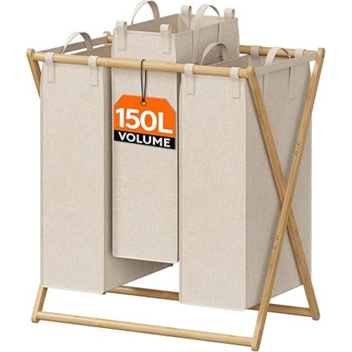 Lifewit 150L Large Laundry Hamper 3 Section, Collapsible Bamboo X-Frame Laundry Basket Sorter, Clothes Hamper with 3 Removable Bags for Laundry Room Bedroom Bathroom, Beige