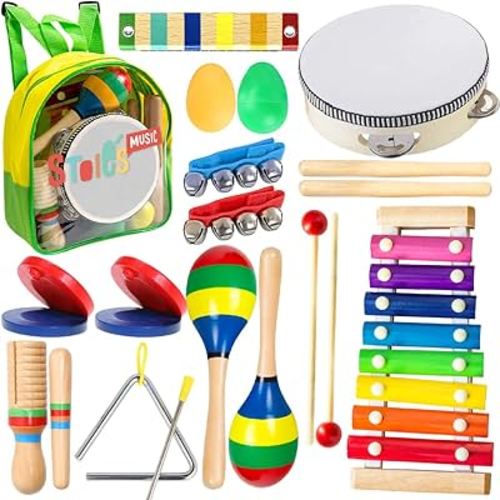 Stoie's 19 pcs Musical Instruments for Toddlers, 1-3 Baby Instruments, Wooden Musical Toys for Toddlers, 1-3 Toddler Instruments, 1 Year Old Music Toys, Kids Musical Instruments Set for Toddlers 2-4