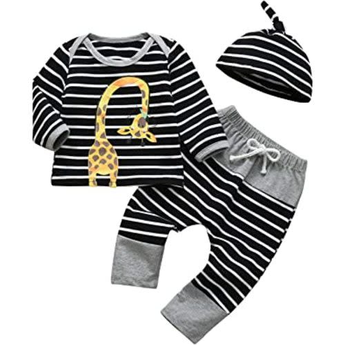 3PCS Newborn Baby Boy Clothes Long Sleeve Printed Stripe T-Shirt Pants and Hat Outfit Set