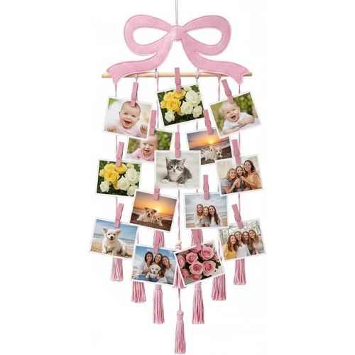 Fiwochic Pink Bow Hanging Photo Display Wall Decor Pink Macrame Wall Hanging Coquette Picture Frame Collage Holder with 30 Clips for Room Bedroom Graduation Wedding Christmas Coquette Party Decor