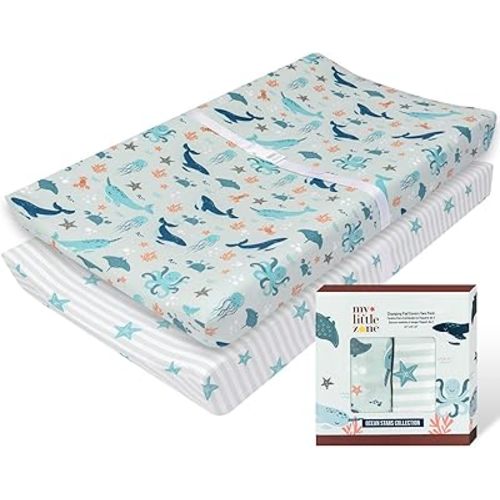 100% Cotton Changing Pad Cover for Baby Boys and Girls, Nautical - Breathable Bassinet, Mini Crib Mattress Fitted Sheets - Ocean Stars, 32"x16" with 8" Deep Pocket, Teal-White, 2 Pack