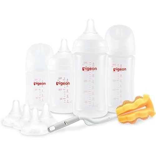 Pigeon Baby Bottle Newborn Feeding Gift Set, Wide Neck Bottle with Latch-On Line Nipple (4 PP Feeding Bottles with Nipples+ 4 Nipples + 1 Baby Bottle Brush)
