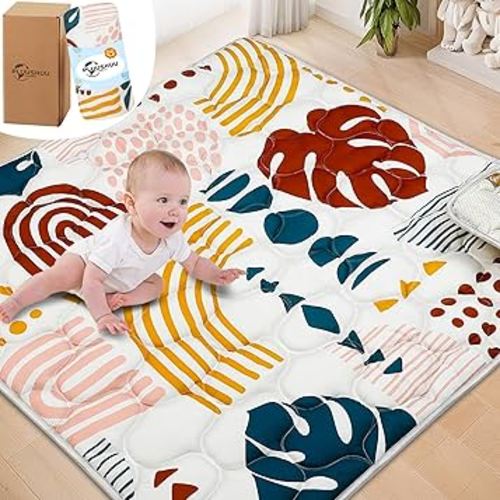 Baby Play Mats for Floor, 50x50 Playpen Mat for Babies, Extra Thicker & Soft Floor Crawling Mat, Foldable Non-Slip Playmat Cushioned for Infants Toddlers, Boho Leaf Design