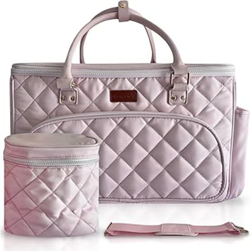 Diaper Bag Tote with Dividers, Zipper, Top Cover and Strap, Larger Size with insulated storage bag - Pink