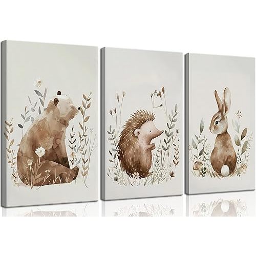 3pcs Animal Nursery Canvas Wall Art 16"W x 24"L Wall Decor Watercolor Bear hedgehog Rabbit Poster Print Artwork for Baby Children's Bedroom Home Decoration [Unframed]