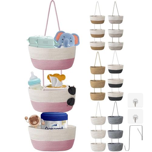 3 Tier Woven Hanging Basket, Wall Mounted Decorative Kitchen Storage Organiser Bag, Baby Closet Storage Basket With Hooks for Door Mounted Wall (White & Pink)