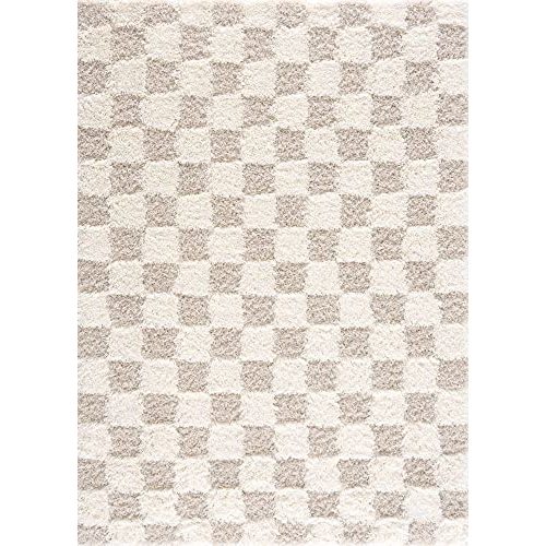 BoutiqueRugs Atira Modern Checkered Shag Area Rug - High Pile Fluffy Shaggy Carpet for Kids Room, Nursery, Living Room, Bedroom - Beige, Cream, White - 6'7" X 9'6" (6x9)