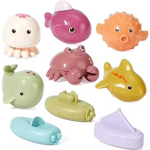 AMCHSURIBaby Bath Toys for Babies 6-12 Months, 9PCS No Hole Ocean Sea Animal with Float Boats Bath Toys, Mold Free Bath Toys for Tub, Infant Toddler Toys Baby Girl Boy Presents