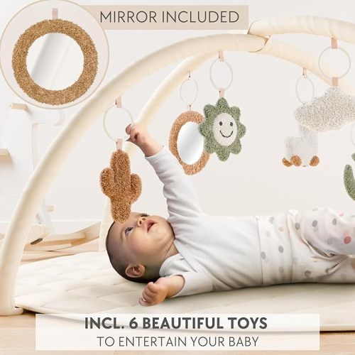 Beautiful Baby Play Gym and Tummy Time Mat - Soft Cotton Mat with 6 Cute Toys Creates The Perfect Activity Area for Your Girl/Boy - Stylish Infant Floor Playmat Fits Nicely with Any Playroom Decor - Beige