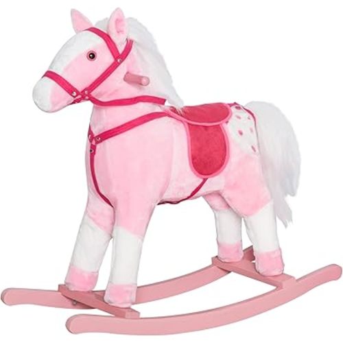 Qaba Kids Rocking Horse Plush Ride On Toy Toddler Rocker for Boys Girls Gifts with Realistic Sounds, Pink