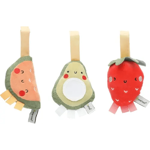 Pearhead Fruit Stroller Toys, Stocking Stuffers for Babies, Newborn Ideas, Plush Interactive Toy Set for Baby Car Seat with Hanging Mirror, Strawberry Avocado Watermelon, Set of 3