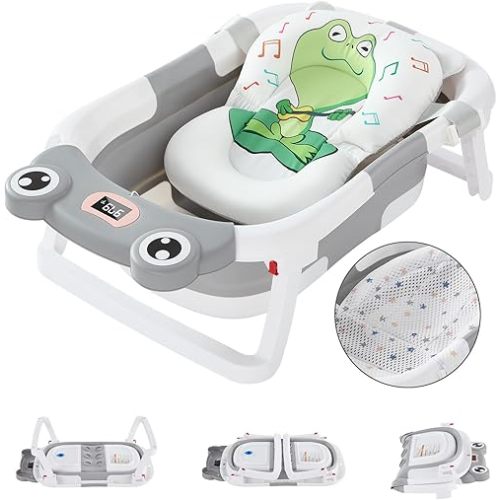 Foldable Baby Bathtub for Newborn to Toddlers, Foldable Bath Tub with Thermometer & Soft Cushion & Bath Net, Durable Portable Travel Bathtub with Drain Hole for Infants (Grey Baby Bathtub)