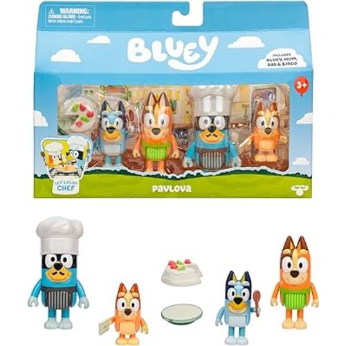 Bluey 4-Pack Toy Figure Playset, Let’s Play Chef Pavlova Toddler Figurine Toys Set with Chef Accessories, Poseable Figurines for Kids Ages 3-5