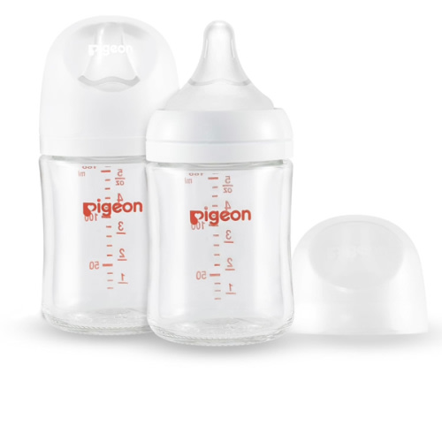Pigeon Glass Nursing Bottle Wide Neck, Anti-Colic, Streamlined Body, Natural Feel, Easy to Clean, Heat-Resistant, 5.4 Oz(Pack of 2), Includes 2pcs SS Nipples (0m+)
