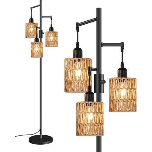 Dimmable Floor Lamp, Farmhouse Tall Standing 70.3" Tree Lamp with 3 Rope Woven Lampshades, Boho Rattan Floor Lights, 4W 3 LED Bulbs Included, for Living Room, Bedroom, Study, Office B03LD05