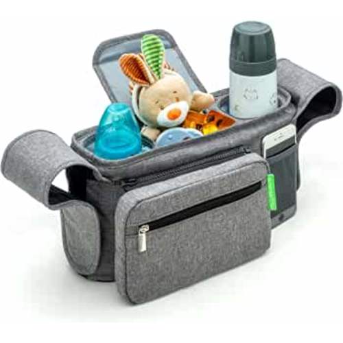 Ethan & Emma Universal Baby Stroller Organizer with Insulated Cup Holders for Smart Moms. Diaper Storage, Secure Straps, Detachable Bag, Pockets for Phone, Keys, Toys. Compact Design Fit All Strollers