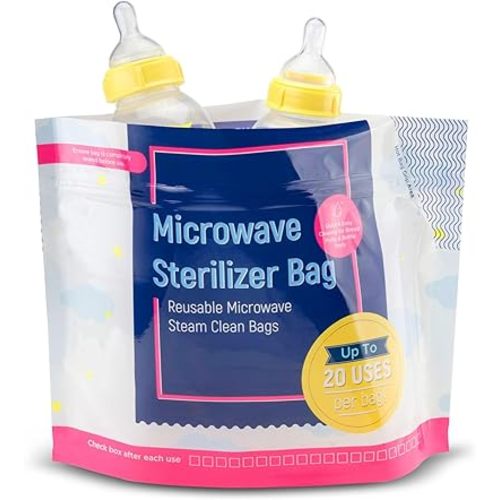 IMPRESA 15 Pack Microwave Baby Bottle Sterilizer Bags - 300 Uses Per Pack - Travel Baby Bottle Cleaner Microwave Sterilizer Bag - Breast Feeding Baby Travel Accessories - Use with Soothers & Teethers