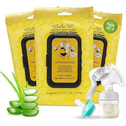 BELLA B Nipple Nurture Breast Pump Wipes Quick Clean | 3 Packs Hypoallergenic & Paraben Free Soothing Wipes for Breast Pump Parts & Pacifiers | Made with Organic Aloe Vera & Chamomile |Travel-Friendly