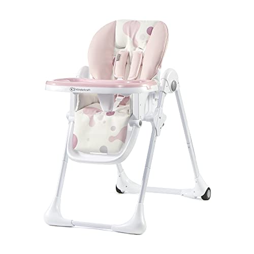 Kinderkraft Highchair Yummy, Baby Chair, Ergonomic, Comfortable, Reclining, Foldable, with Ajustable Height, Footrest, Detachable Double Tray, for Toddler, from 6 Month to 3 Years, Pink