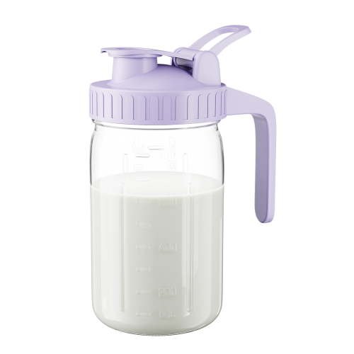 GOSCHE Breast Milk Pitcher Wide Mouth Glass Mason Jar Pitcher Leak Proof Milk Pitcher with Lid and Pour Spout Purple 32oz