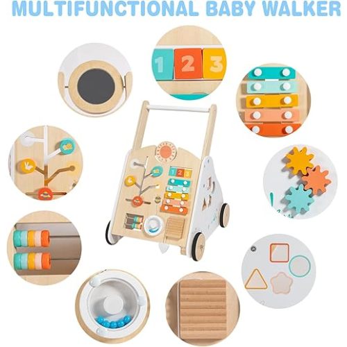Wooden Baby Walker - Baby Push Walker with Music Box - Toddler Walker Push Toy with Adjustable Speed - Learning Activity Walker - Activity Center for Babies Boys and Girls