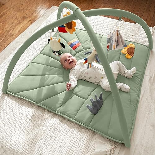 Beautiful Baby Play Gym and Tummy Time Mat - Soft Mat with 5 Farm Toys Creates The Perfect Activity Area for Your Girl/Boy - Stylish Infant Floor Playmat Fits Nicely with Any Playroom Decor