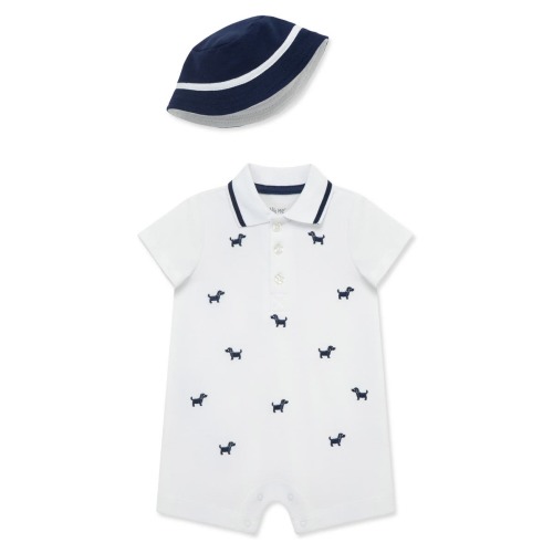 Little Me Embroidered Puppy Cotton Piqué Polo Romper & Bucket Hat Set - 6m